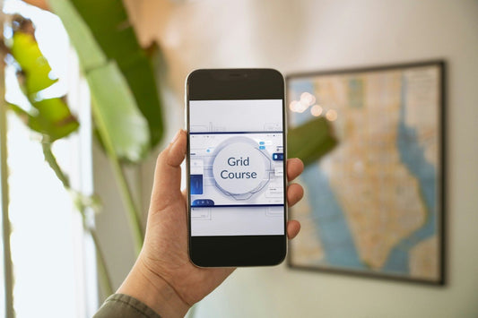 Person holding a smartphone displaying an app with a grid course interface, blurred indoor background