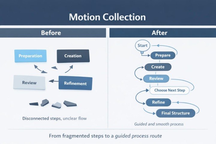 Comparison of disconnected steps before and a guided process route after in 'Motion Collection'.