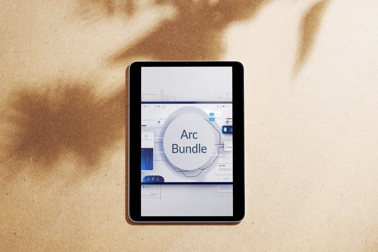 Digital tablet displaying an app interface on a beige surface with shadows.