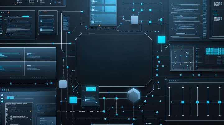 Futuristic blue digital interface with various screens and data elements on a dark background