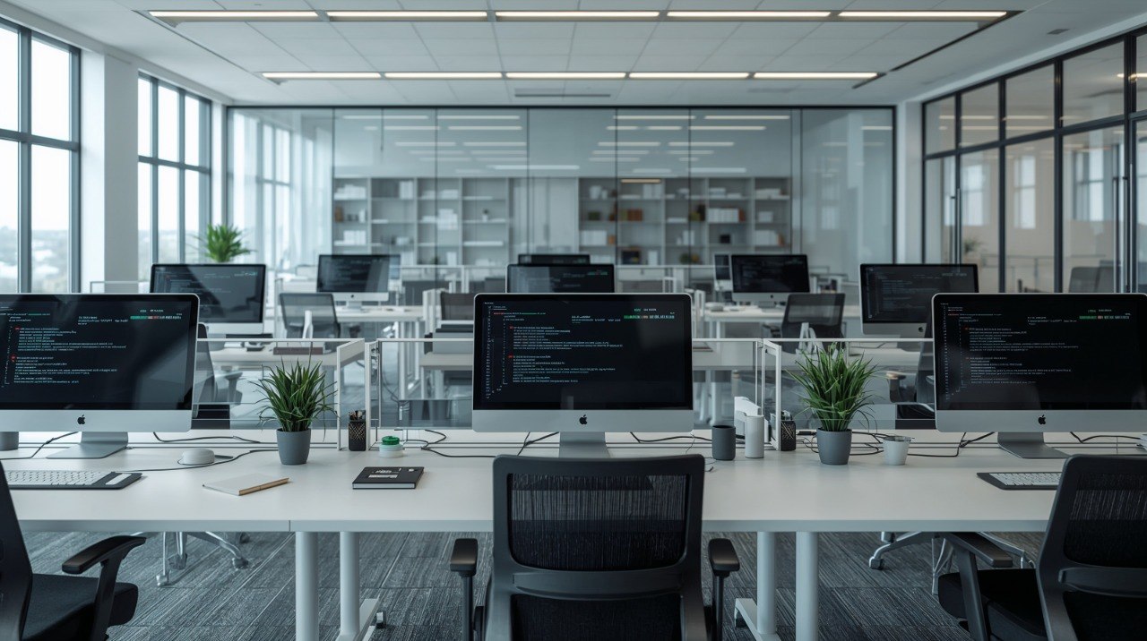 Modern office with desks, computers, and large windows.