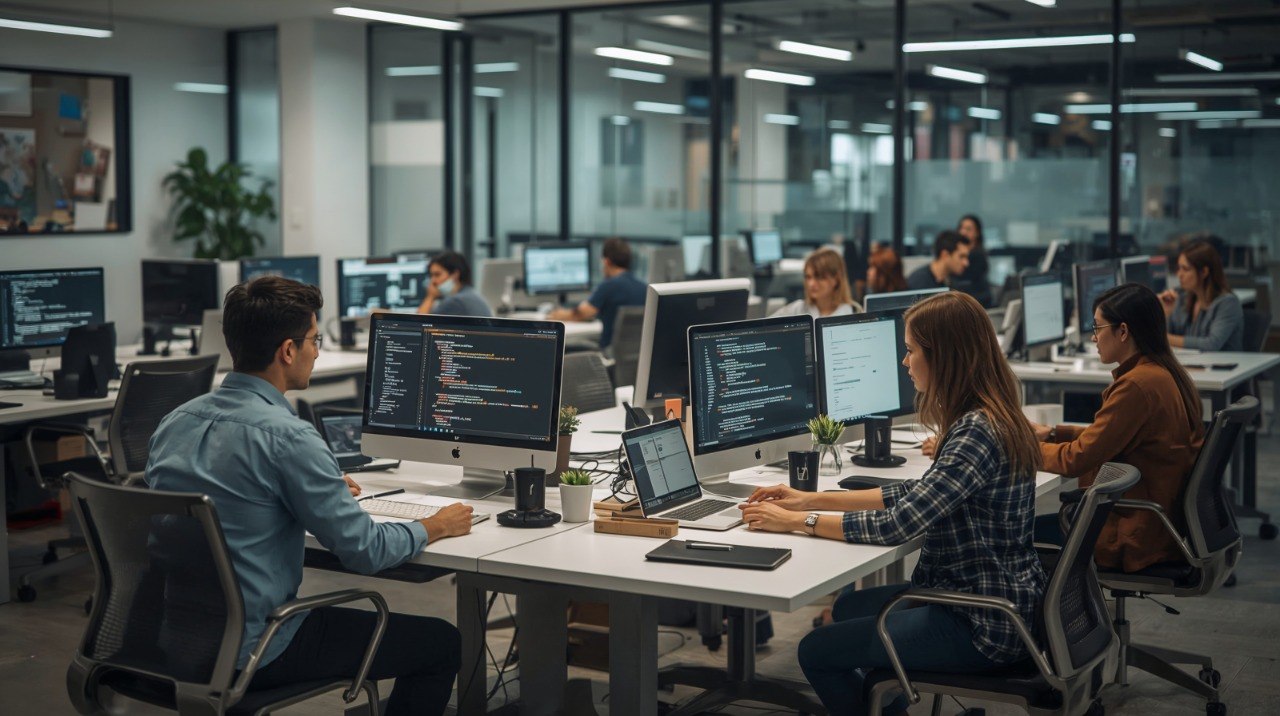 People working at computers in a modern office setting