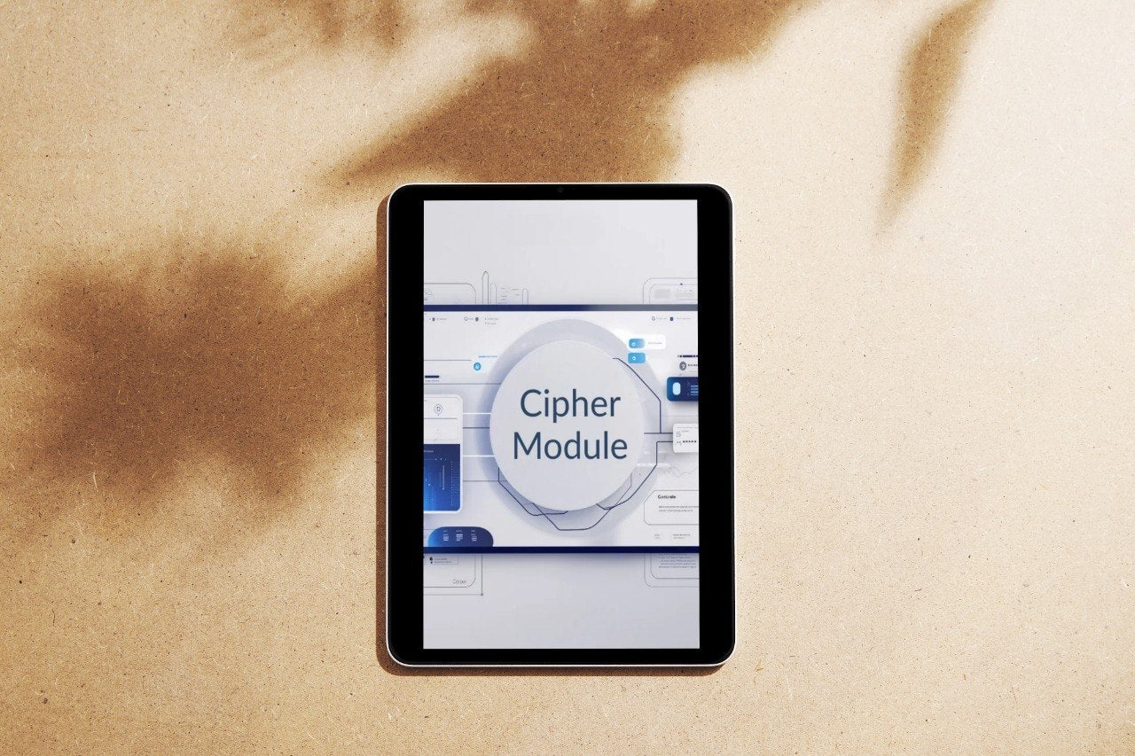 Digital tablet displaying an app interface on a beige surface with shadows.