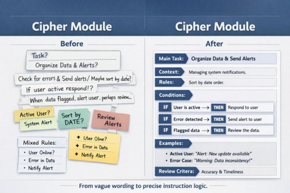 Comparison of 'Before' and 'After' text in a Cipher Module with task organization and alert management.