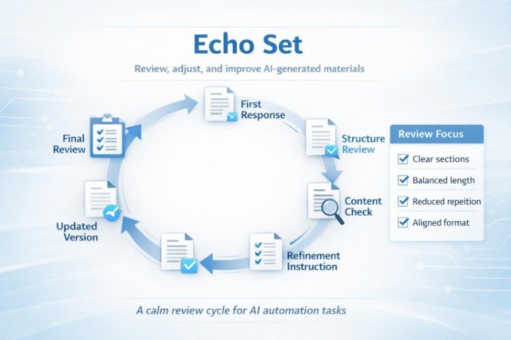 Diagram of the Echo Set process for AI-generated materials with text and icons on a light blue background.
