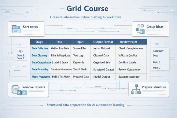 Grid course interface for organizing information before building AI workflows
