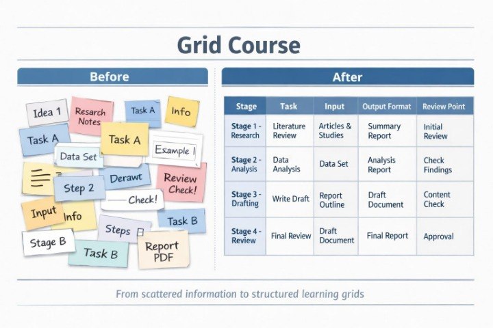 Comparison of 'Before' and 'After' grid course design with colorful sticky notes and a table.