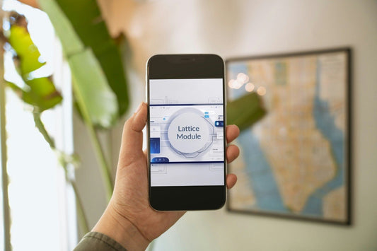 Person holding a smartphone displaying an app with 'Lattice Module' on a blurred indoor background