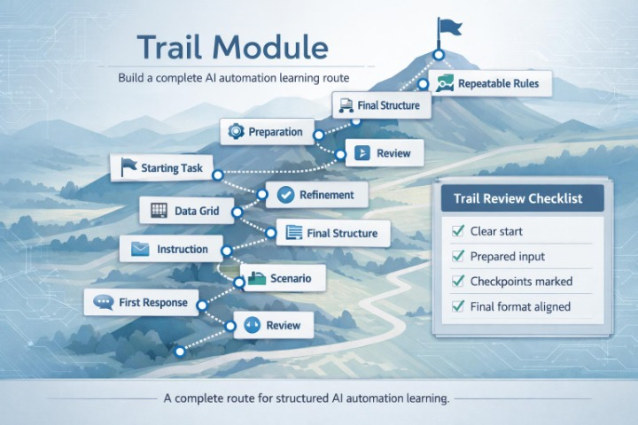Diagram of a 'Trail Module' for AI automation learning with mountain landscape background