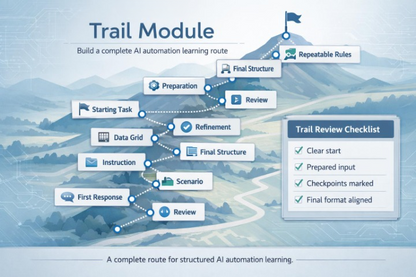 Diagram of a 'Trail Module' for AI automation learning with mountain landscape background