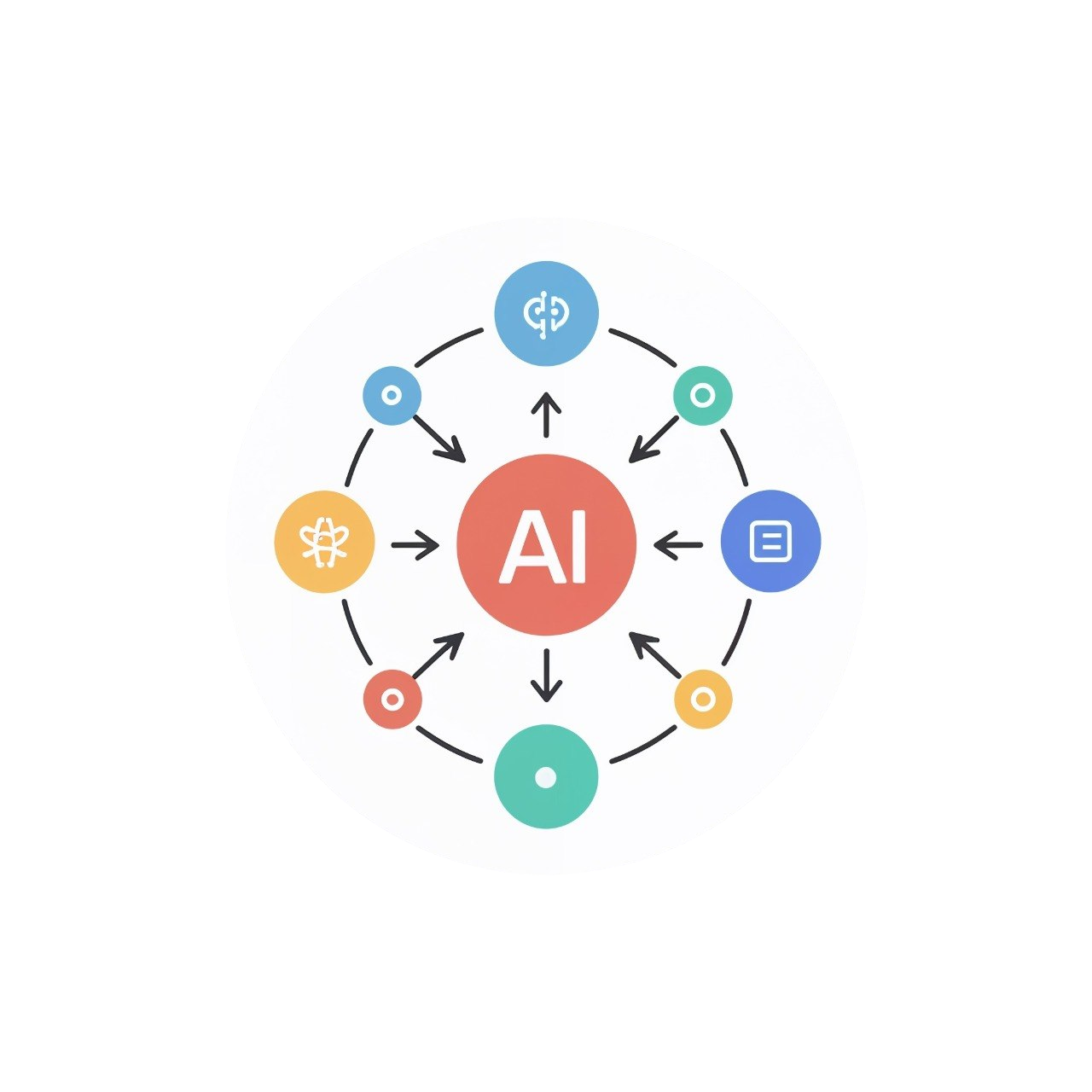 Diagram of AI with interconnected icons on a white background