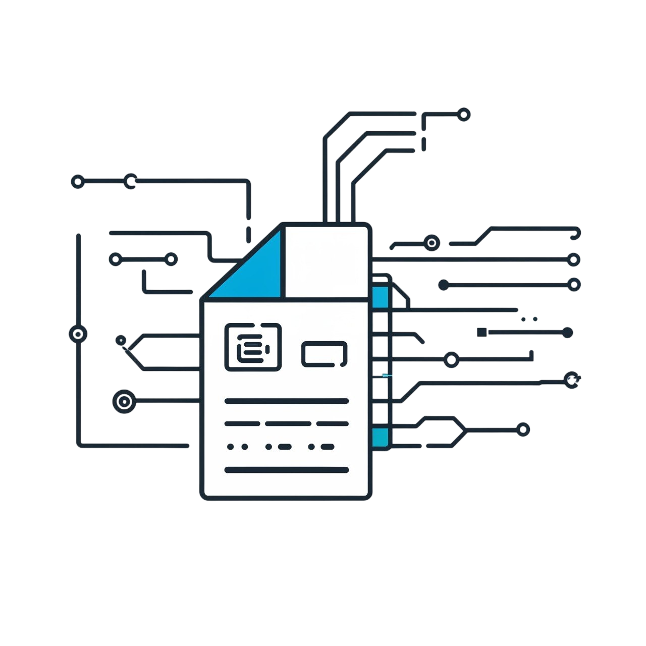 Illustration of a document with circuitry on a white background
