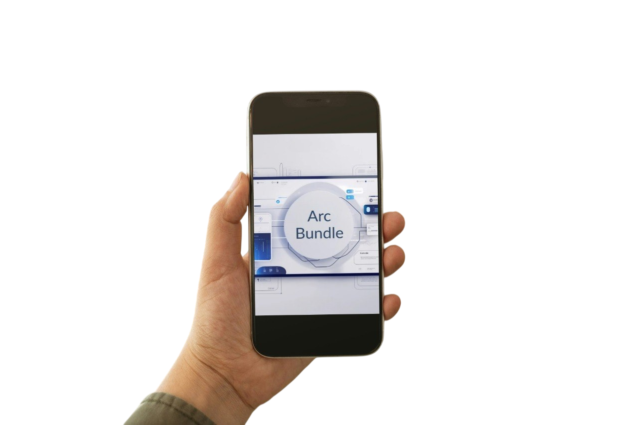 Hand holding a smartphone displaying an app interface on a white background