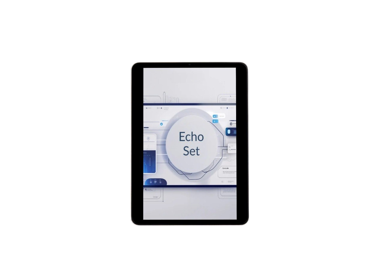 Digital tablet displaying an app interface on a white background