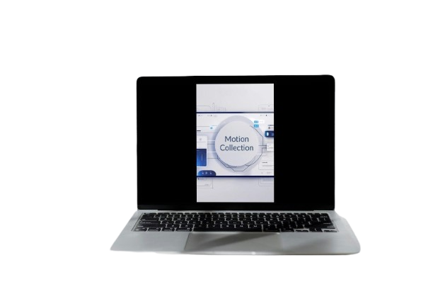 Laptop displaying a screen with 'Motion Collection' on a white background
